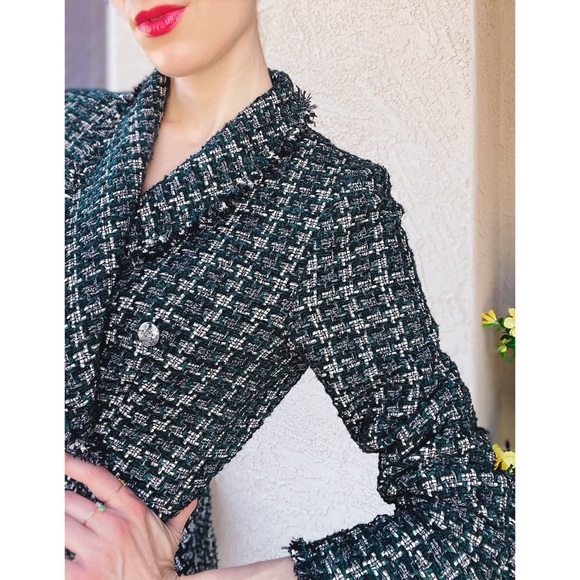 RACHEL ZOE Green & Black Textured Boucle Tweed Fringe Blazer Suit Jacket M - Picture 4 of 15